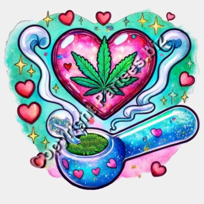 Colorful psychedelic illustration of a cannabis leaf inside a pink glowing heart, featuring a blue glittery smoking pipe with hearts and stars in a Y2K aesthetic. Thumbnail
